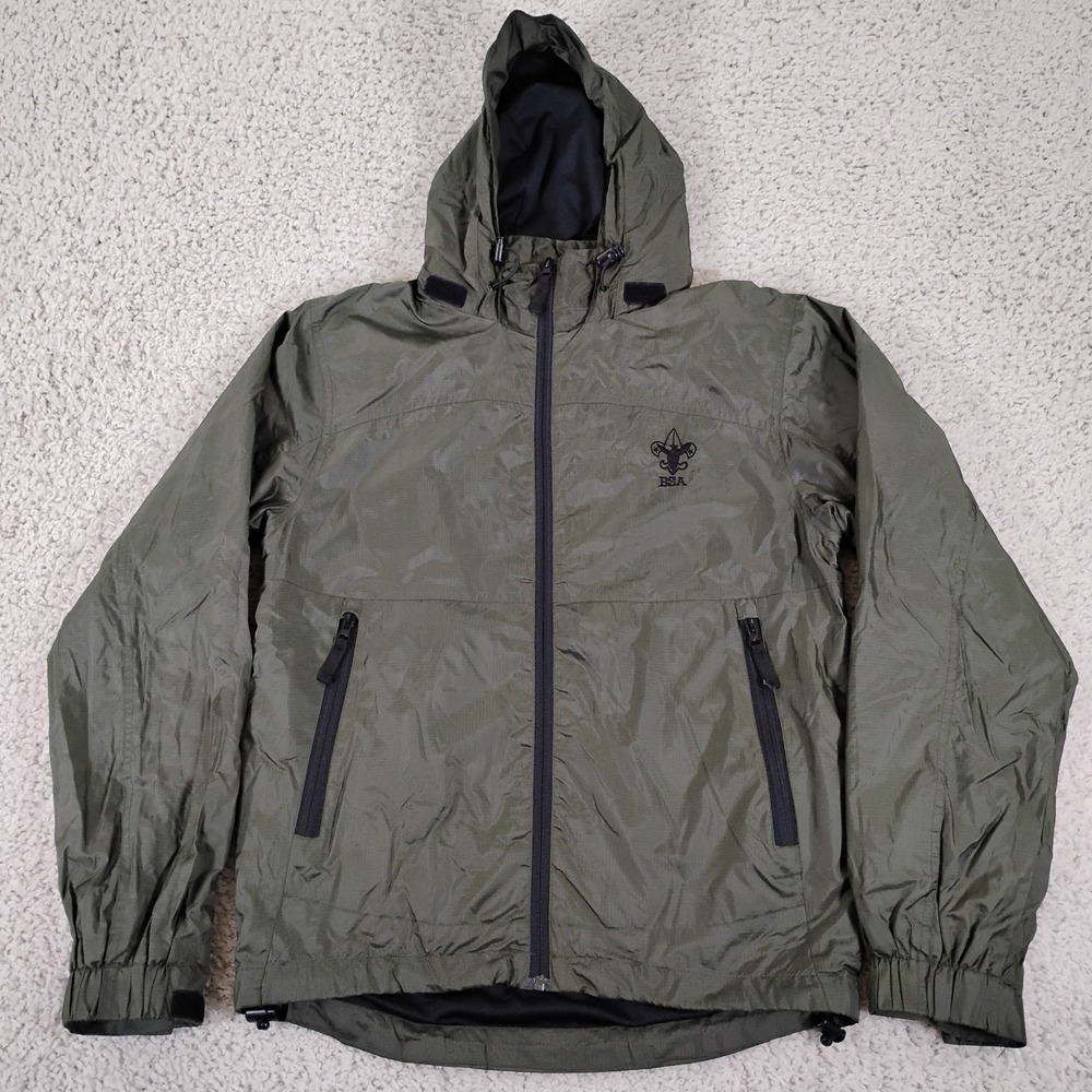 Boy Scouts BSA Wind Tech Jacket Mens Small Hooded Green Outdoor Hiking Ripstop